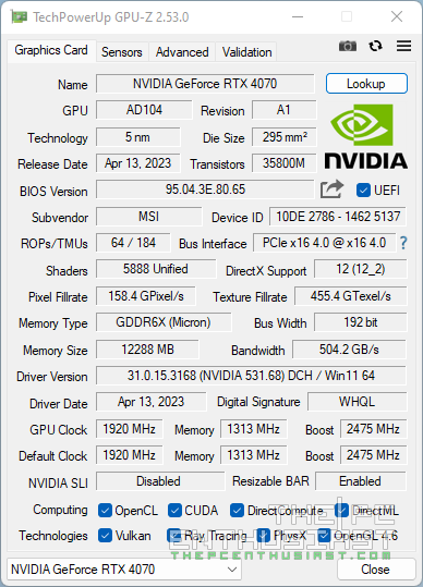 msi rtx 4070 ventus 3x gpuz